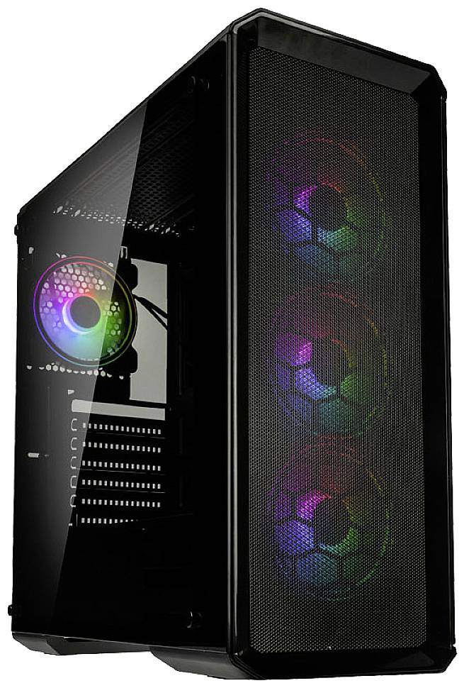 Ein schwarzes PC-Gehäuse mit drei sichtbaren Frontlüftern, die in Regenbogenfarben leuchten; Seitenteil aus Glas.