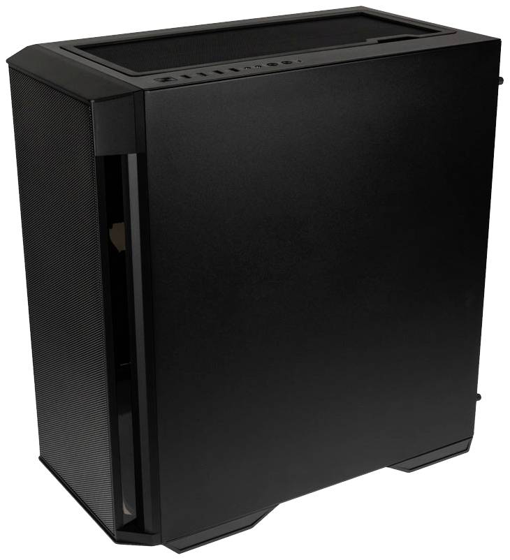 Schwarzes Computergehäuse mit schlichtem, modernem Design und Front- sowie Seitengitter für verbesserte Belüftung.