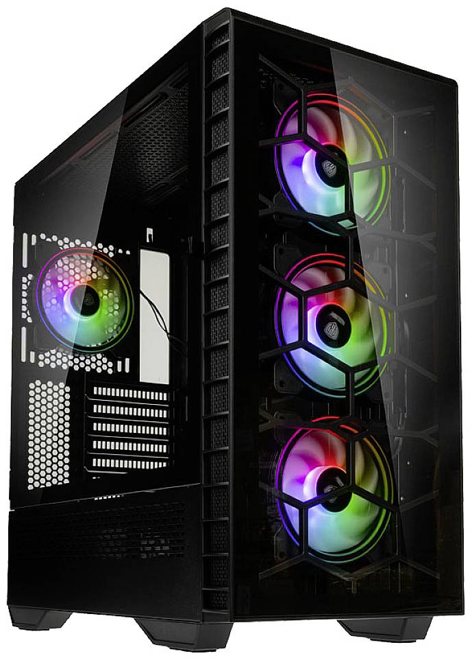 Ein schwarzes Computergehäuse mit vier sichtbaren, bunten RGB-Lüftern an der Vorderseite und einem an der Rückseite.