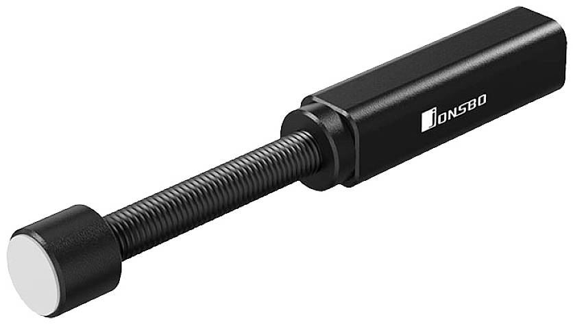 Ein schwarzer Schraubstabilisator mit rundem Gummikopf und sichtbar gedrucktem Markennamen auf dem Gehäuse.