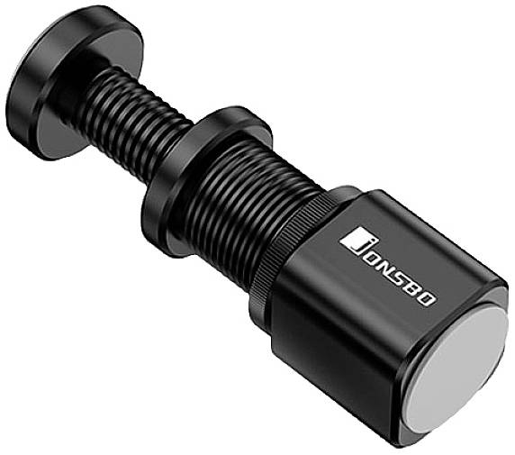 Schwarze, zylindrische Metallpresse mit Schraubmechanismus, seitliche Markierung mit Firmenlogo. Gerät zur Anwendung im technischen Bereich.