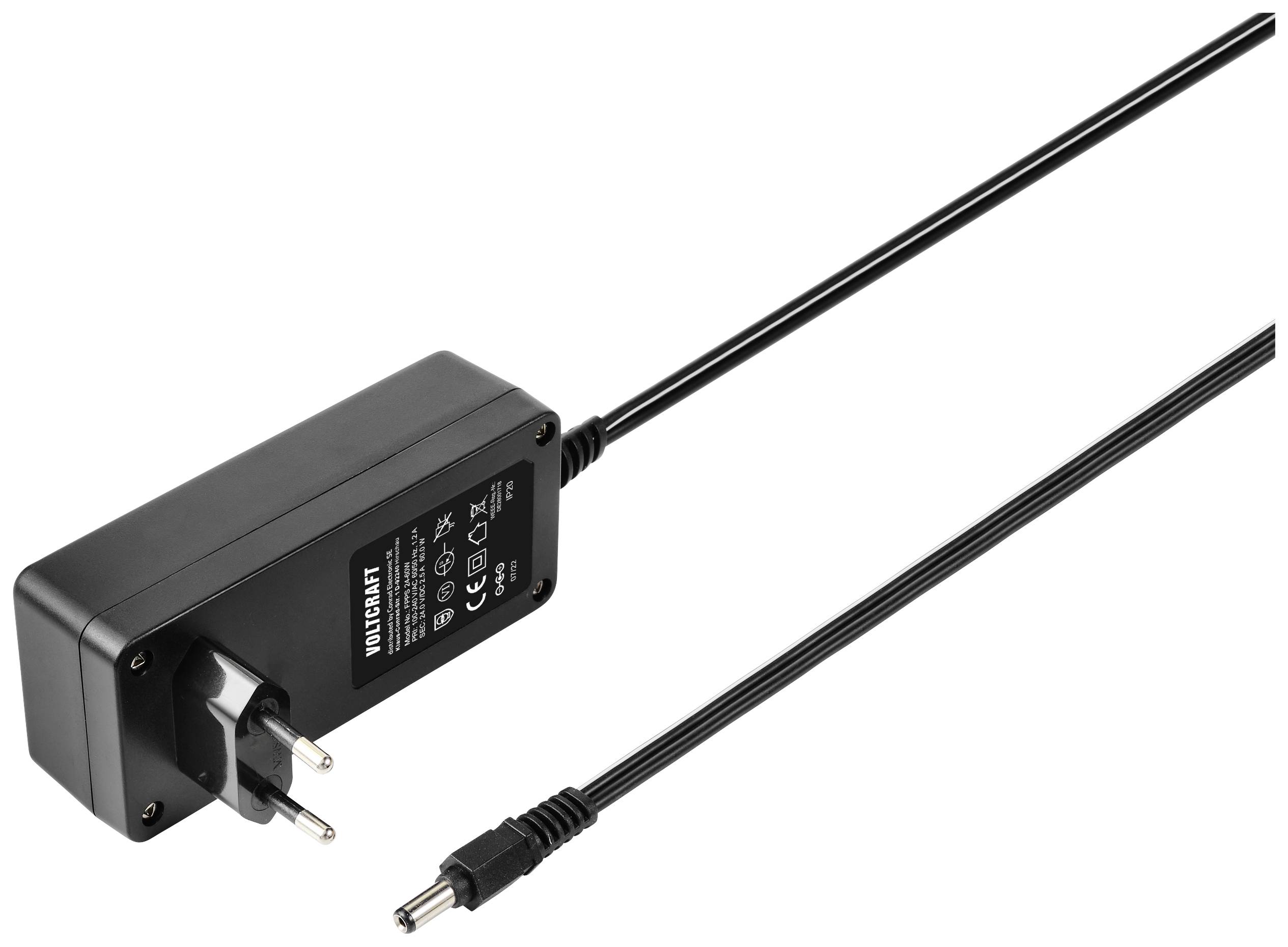 Ein schwarzes Netzteil mit EU-Stecker und langem Kabel. Auf der Oberseite sind technische Spezifikationen abgedruckt.