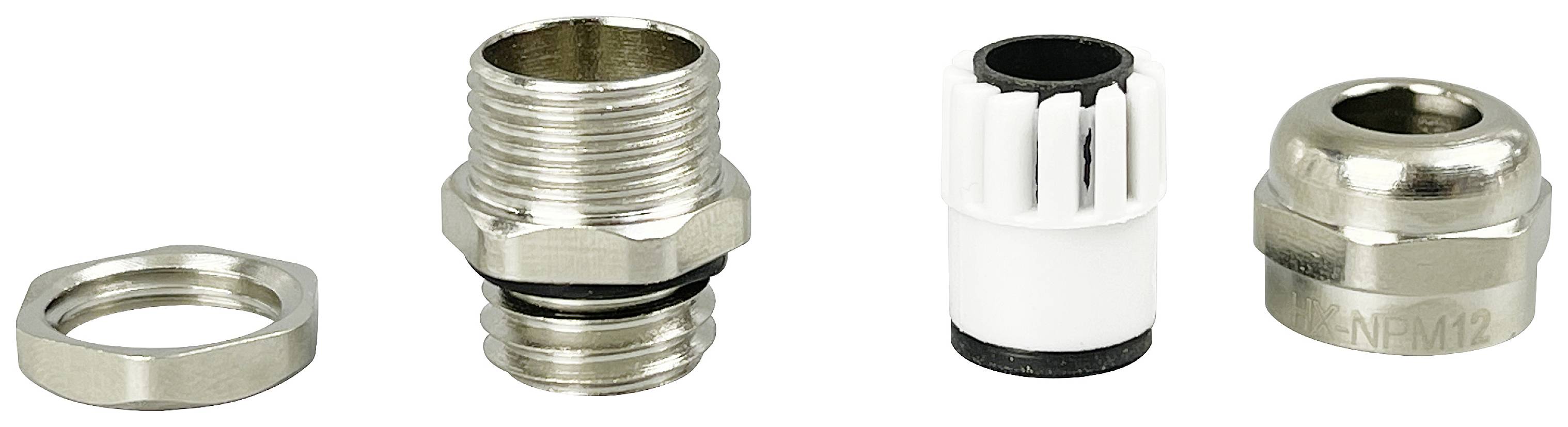 Metallene Kabelverschraubung in Einzelteilen; zeigt Mutter, Gewinde, Dichtung und Verschluss. Komponenten für Kabelmanagement.