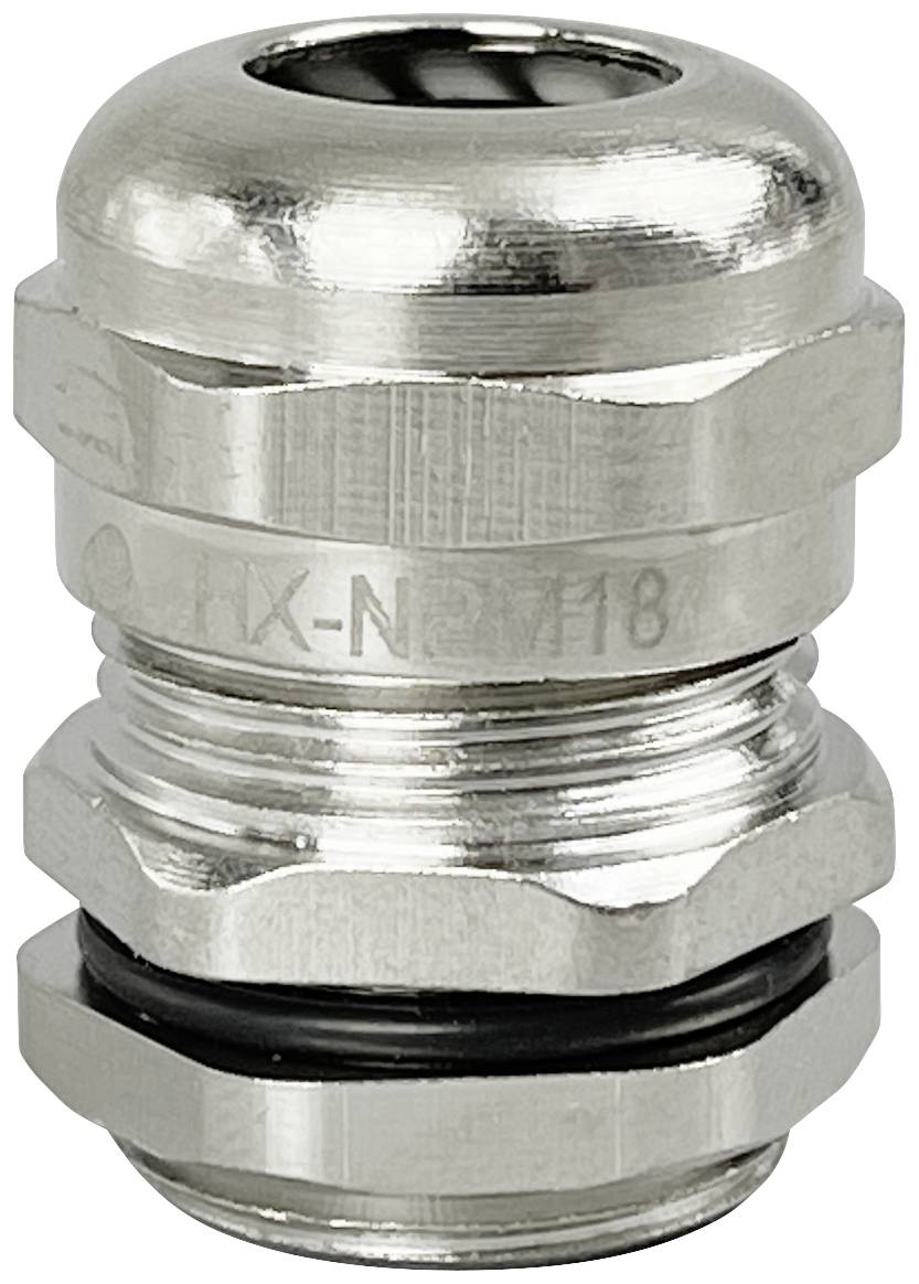Metallkabelverschraubung mit Gewinde. Sie hat eine silberne Farbe und einen O-Ring für Abdichtung.