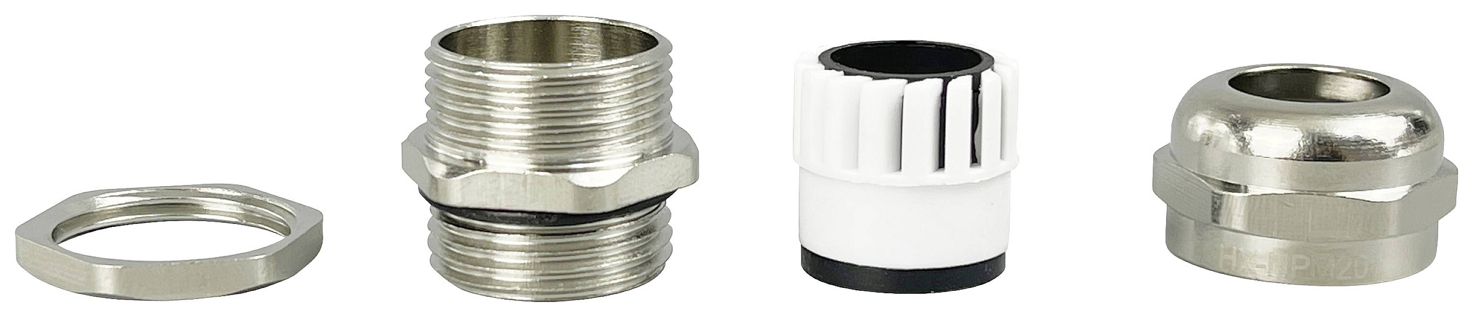 Verschiedene Metallkomponenten und ein Kunststoffteil in einer Reihe. Sie sind glänzend und scheinen zum Zusammenbau bestimmt zu sein.