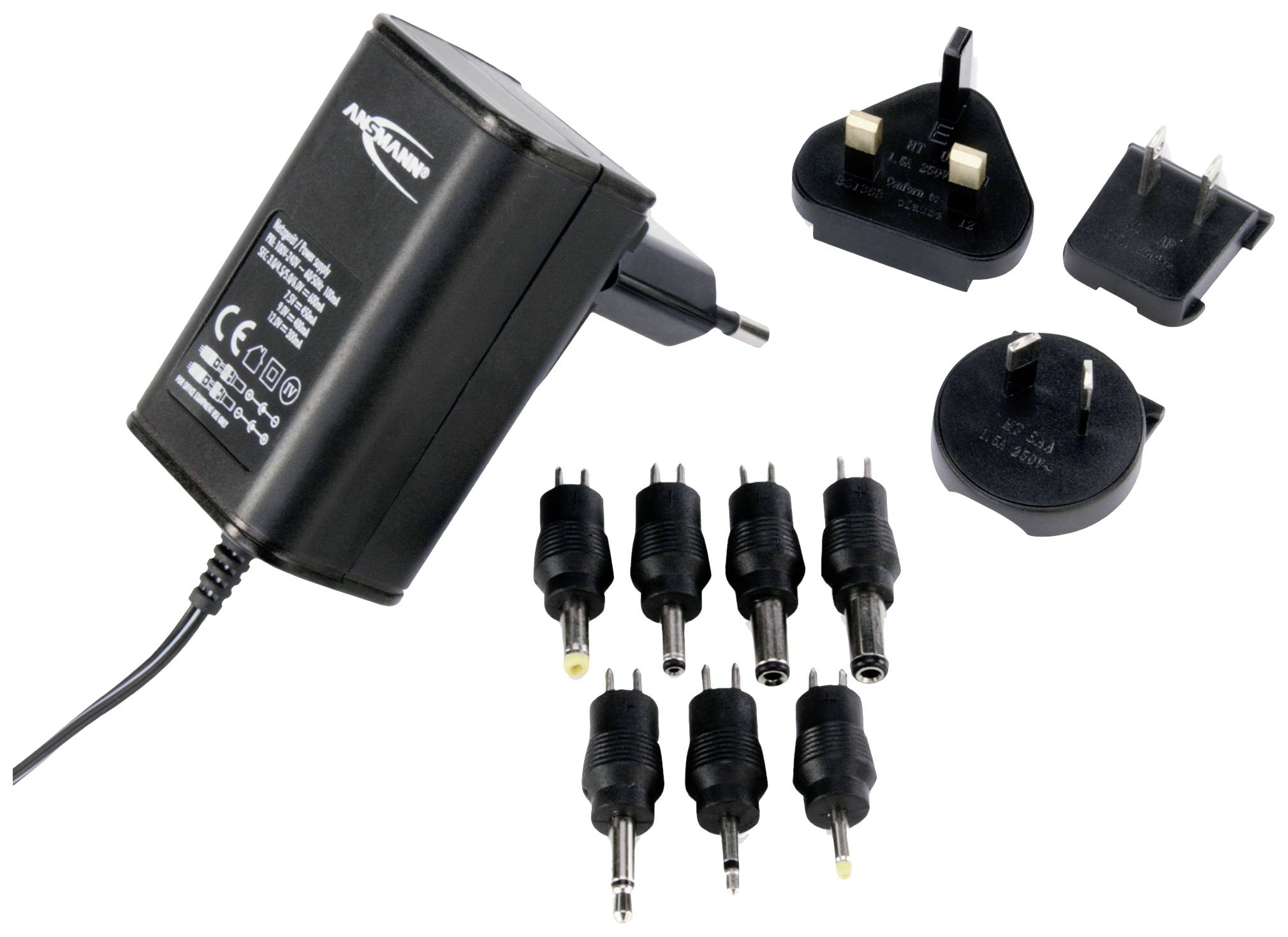 Ansmann 1209-0000 Steckernetzteil, einstellbar 3 V/DC, 4.5 V/DC, 5 V/DC, 6 V/DC, 7.5 V/DC, 9 V/DC, 12 V/DC 600mA 7.2W