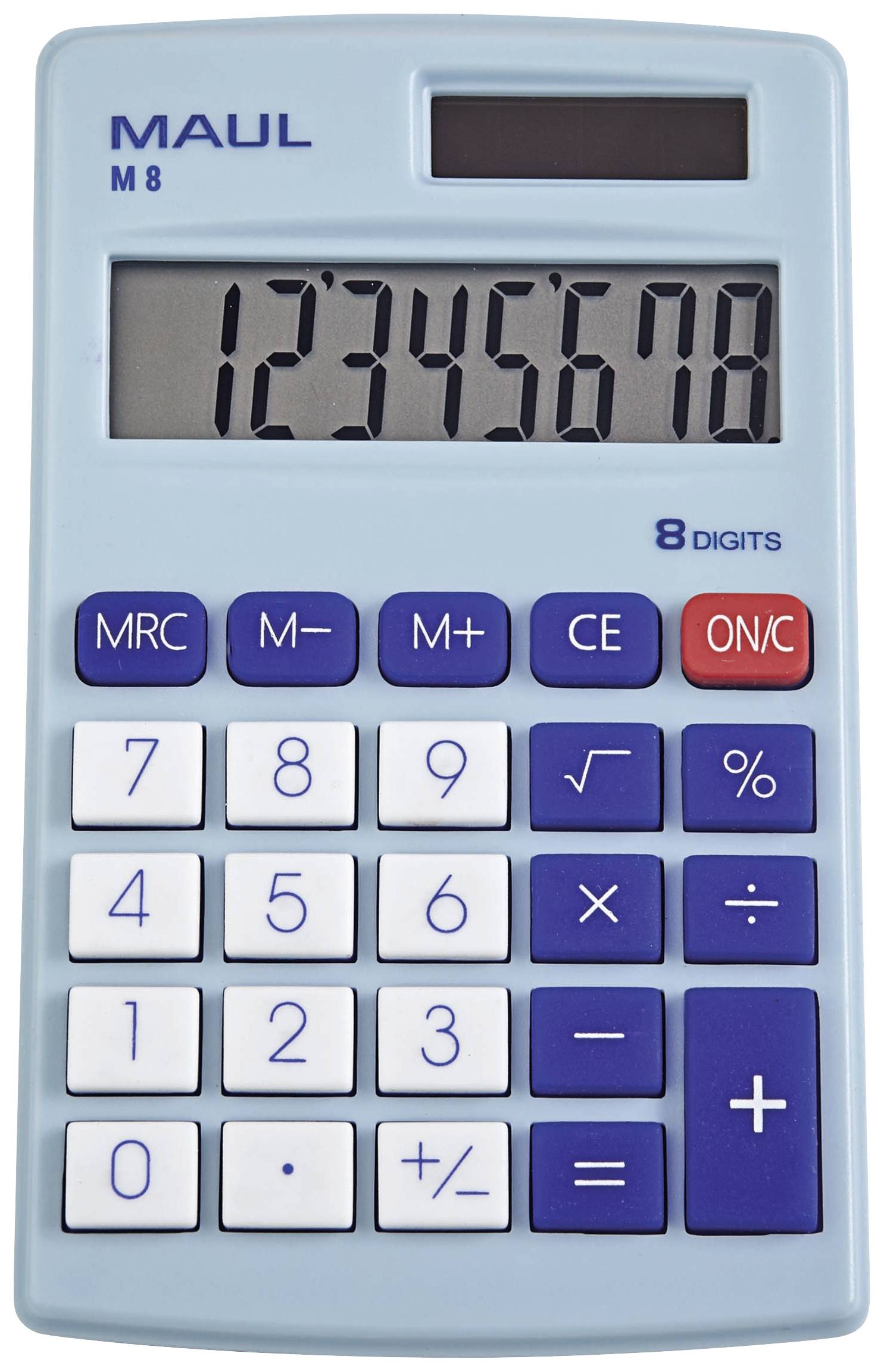 Ein handlicher blauer Taschenrechner mit großem Display zeigt die Zahlenreihe '12345678'. Tasten zur Berechnung und Funktion.