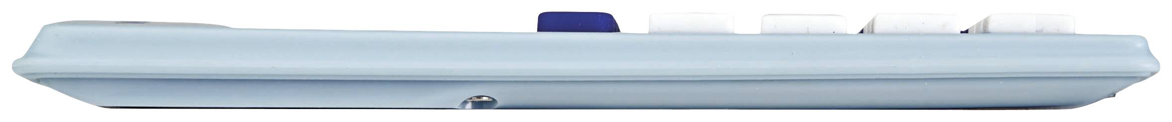 Ein seitlicher Blick auf eine leichte, blaue Fernbedienung mit drei weißen und einer blauen Taste, auf eine glatte Oberfläche gelegt.