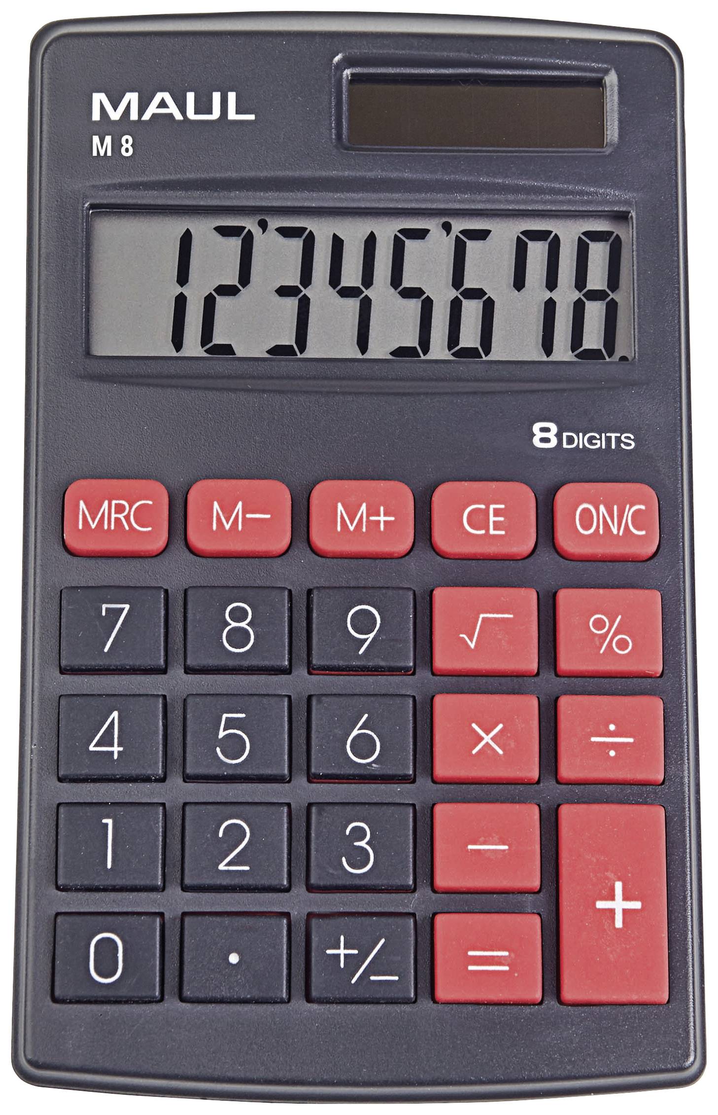 Ein Taschenrechner mit schwarzem Gehäuse und roten Tasten, zeigt die Zahl 12345678 auf dem Display. Tasten für Grundrechenarten.