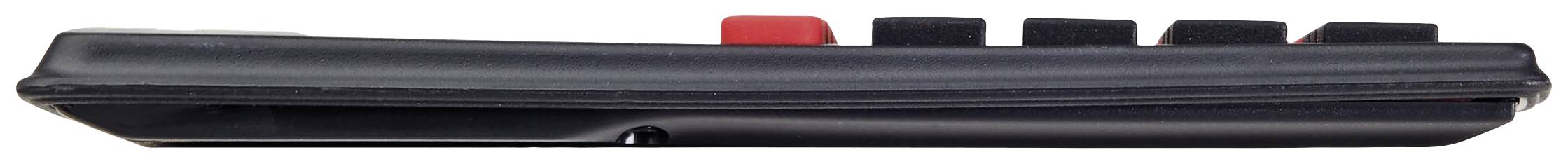 Eine schwarze Fernbedienung von der Seite mit vier schwarzen Tasten und einer roten Taste.