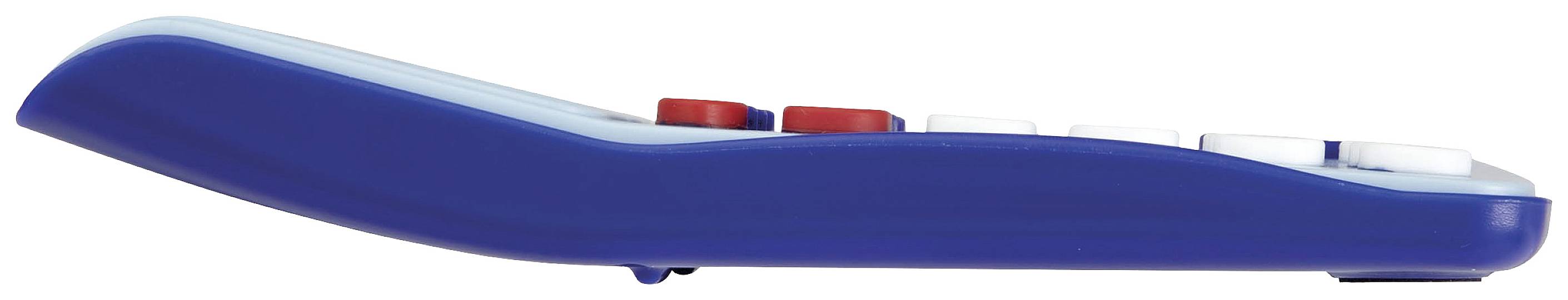 Blaue Fernbedienung, seitliche Ansicht mit sichtbaren roten und weißen Tasten.