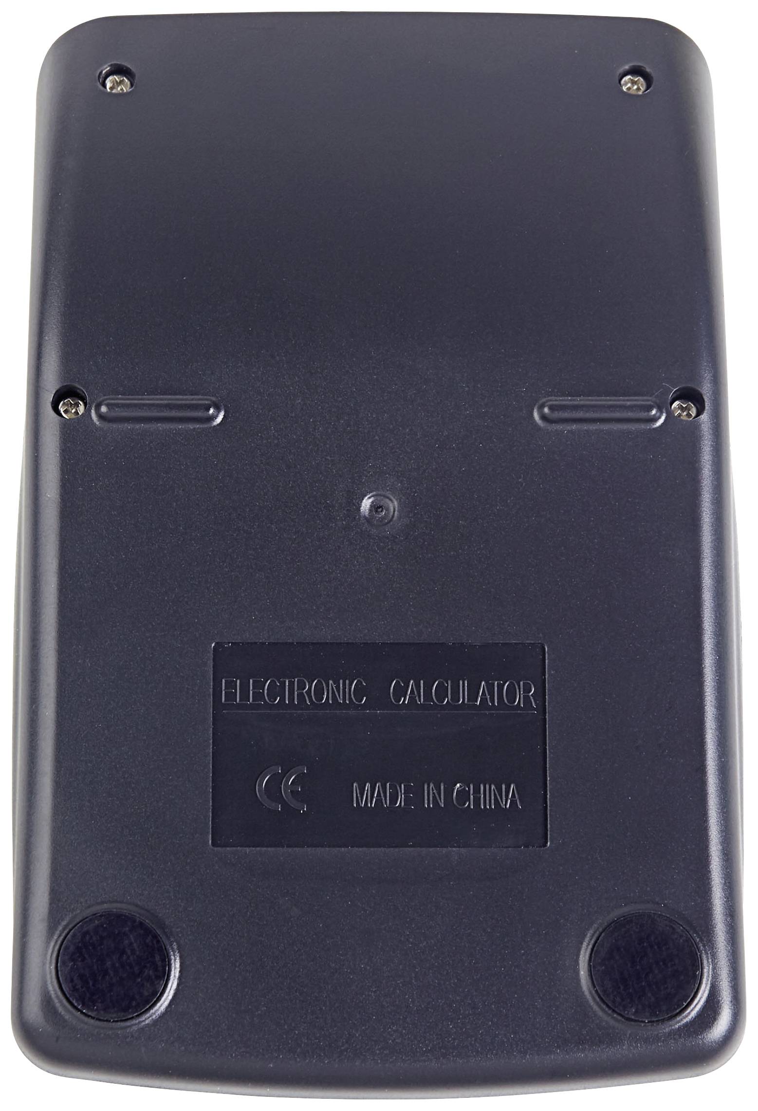 Rückseite eines elektronischen Taschenrechners, schwarzes Gehäuse, vier Schrauben, Hinweis 'Made in China'.