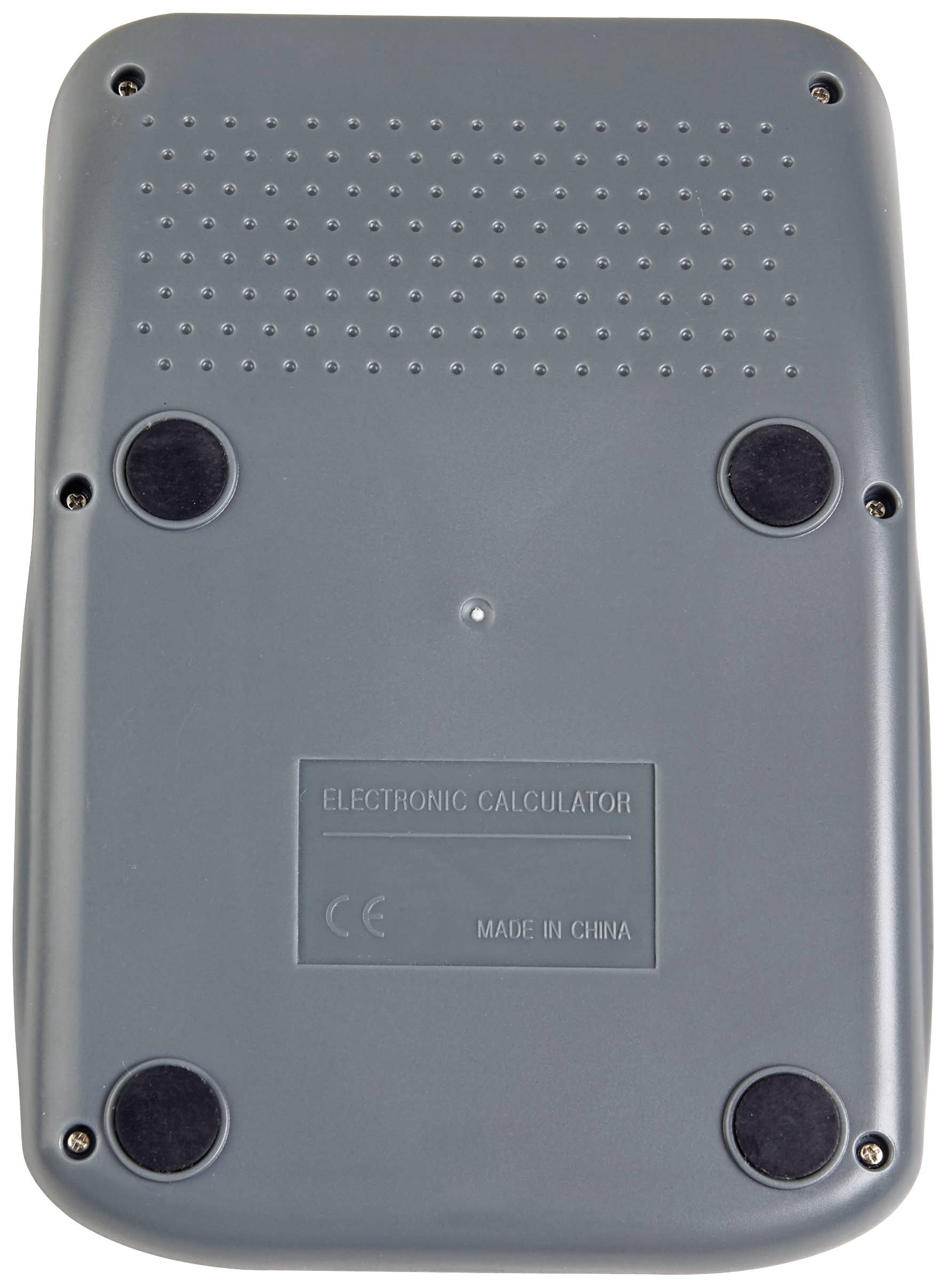 Rückseite eines grauen elektronischen Taschenrechners mit vier runden Gummifüßen und der Aufschrift 'Electronic Calculator' und 'Made in China'.