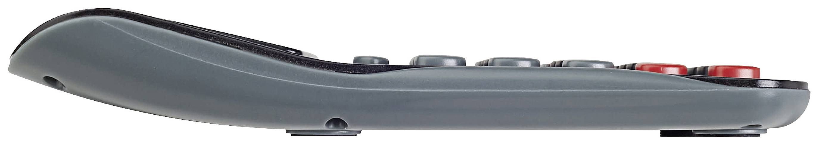 Seitenansicht einer Fernbedienung mit hellgrauem Gehäuse und mehreren sichtbaren Knöpfen auf der Oberseite.