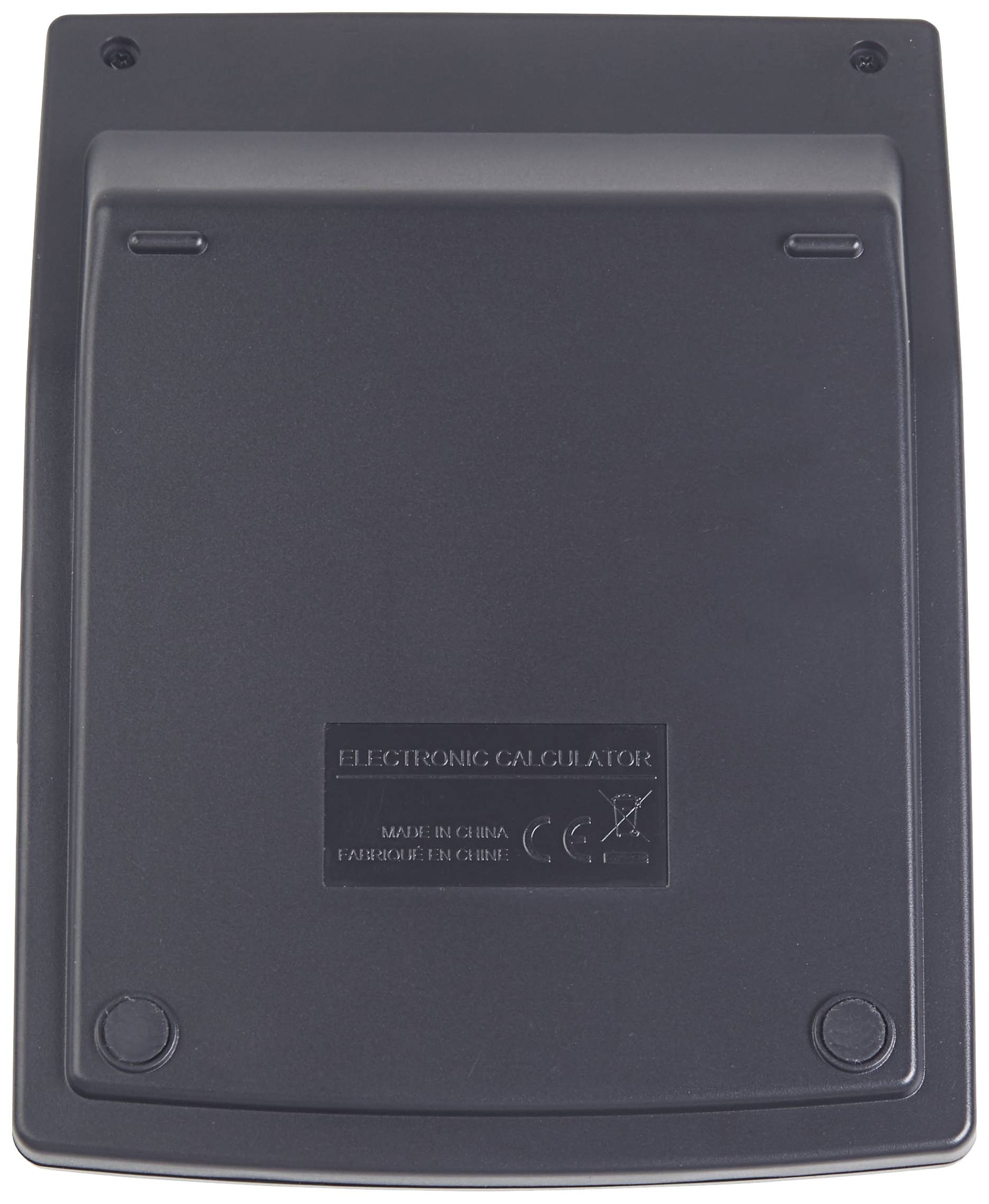 Rückseite eines elektronischen Taschenrechners. Rechteckige, schwarze Oberfläche mit runden, rutschfesten Füßen an den Ecken.