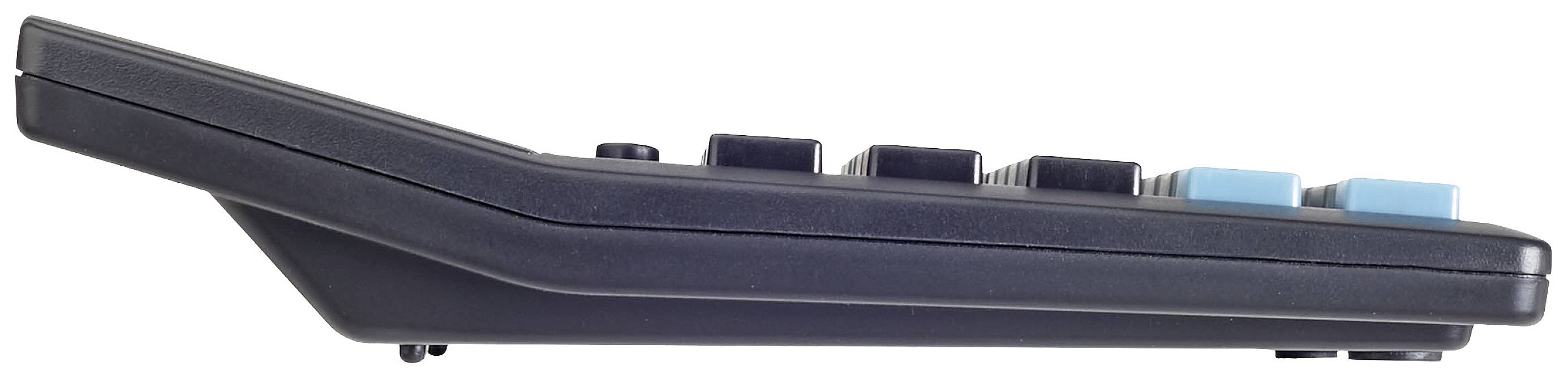 Seitliche Ansicht einer schwarzen Computer-Tastatur mit erhöhten Tasten, einige davon blau.