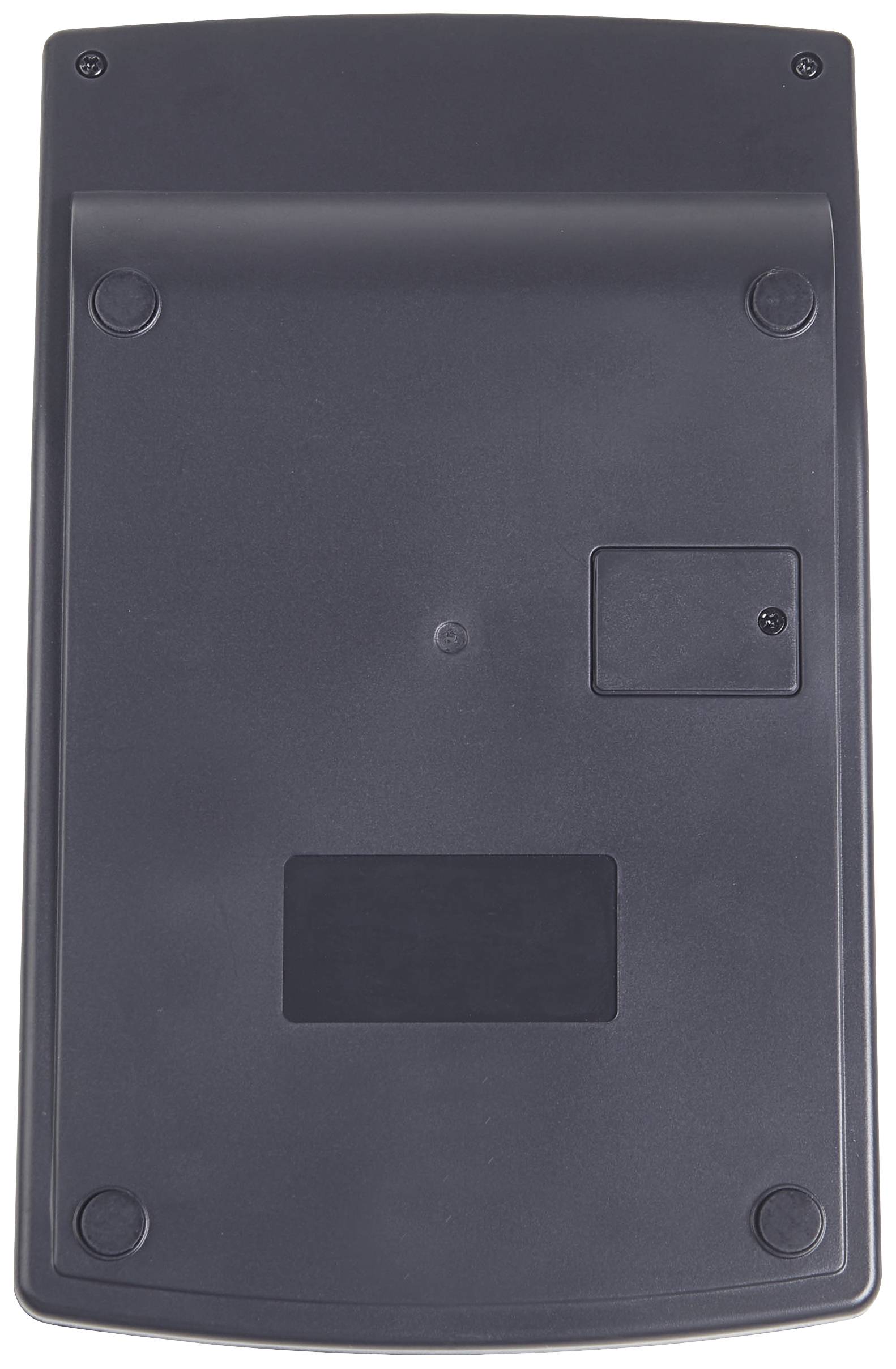 Die Rückseite eines schwarzen Taschenrechners mit Batterieabdeckung und vier runden Gummifüßen an den Ecken.