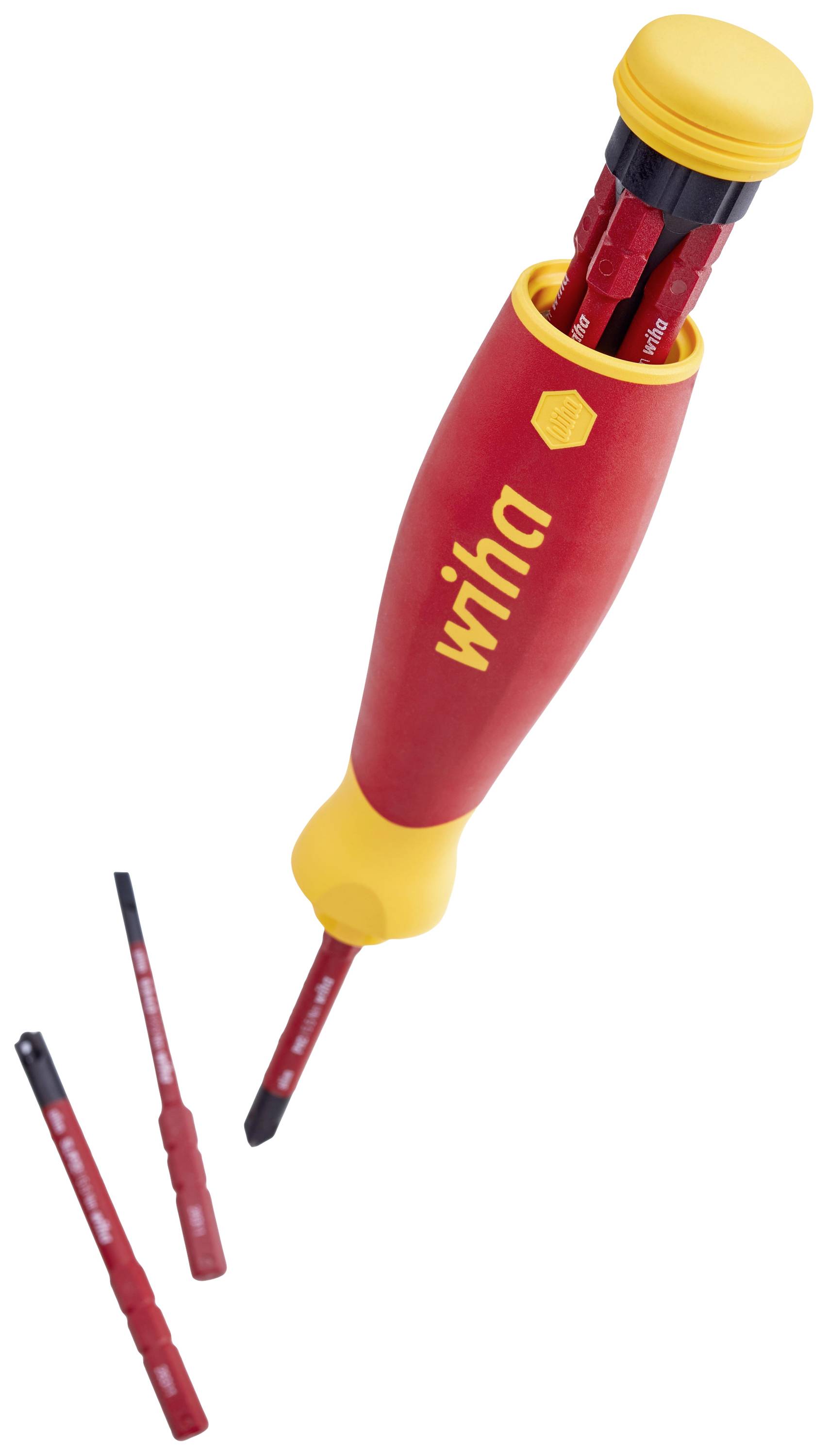 Ein roter, isolierter Schraubendreher mit gelbem Griff. Der Korpus ist geöffnet und zeigt austauschbare Klingen.