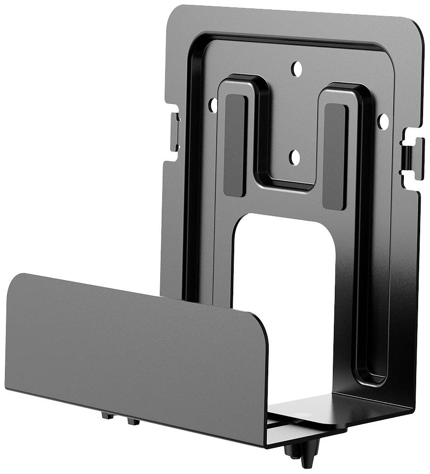 Metallhalterung für Wandmontage, geeignet zur Befestigung eines kleinen Geräts oder Zubehörs. Schwarzes, rechteckiges Design mit Löchern zur einfachen Montage.