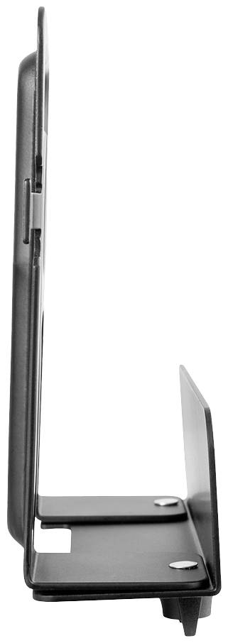 Seitenansicht eines Metallobjekts mit rechten Winkeln und Schraublöchern, möglicherweise Teil einer Halterung oder eines Ständers.