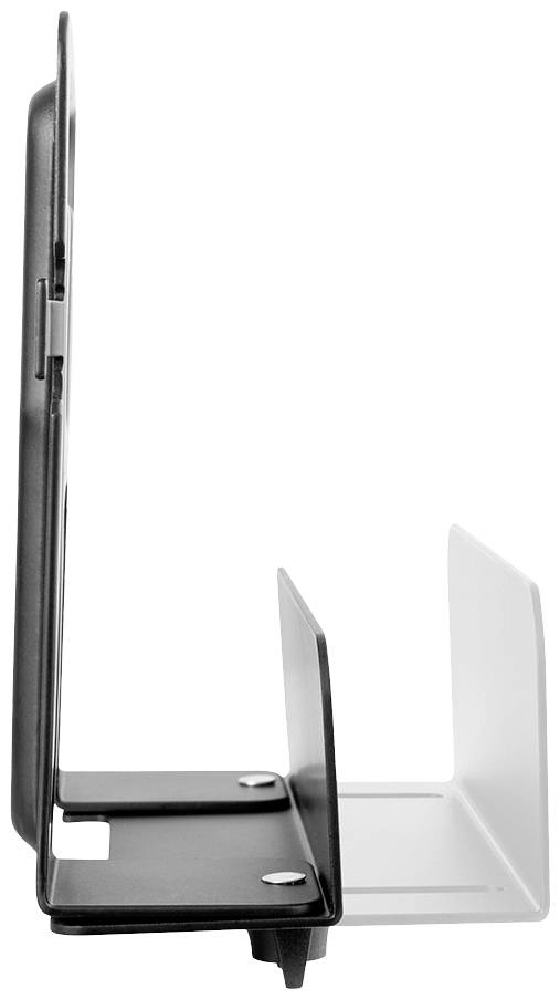 Metallständer mit zwei parallelen Schlitzen zur Aufnahme von Gegenständen, schwarz-weiß. Seitenansicht.