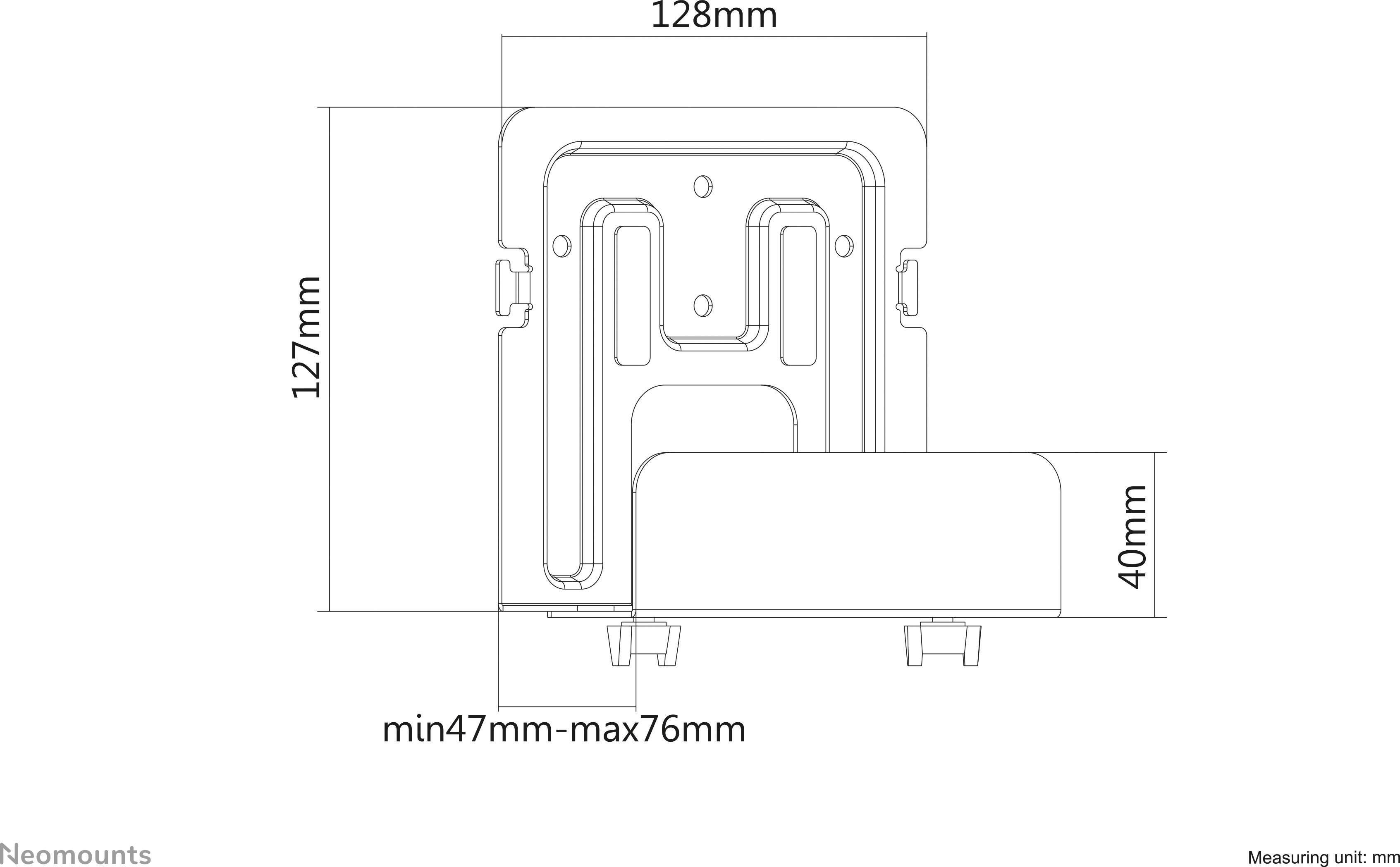 Technische Zeichnung einer Halterung mit Maßen: 128 mm Breite, 127 mm Höhe, 40 mm Tiefe. Verstellbare Breite zwischen 47 mm und 76 mm.