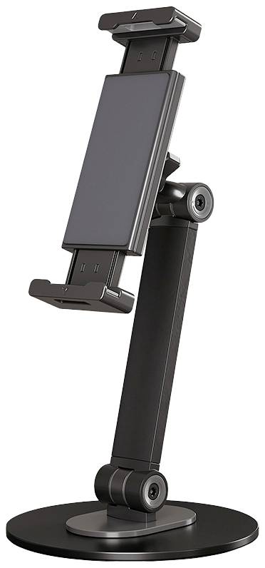 Smartphone-Halterung mit verstellbarem, schwarzem Arm und stabiler Rundbasis. Ideal für freihändige Nutzung oder Präsentationen.