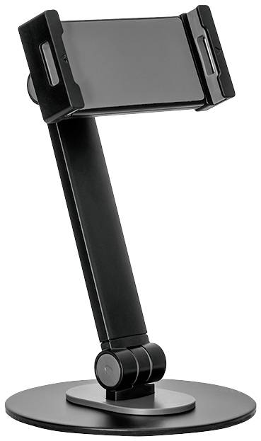 Schwarzer verstellbarer Smartphone-Halter mit rundem Standfuß. Geeignet zum stabilen Halten eines Geräts in variabler Höhe und Neigung.