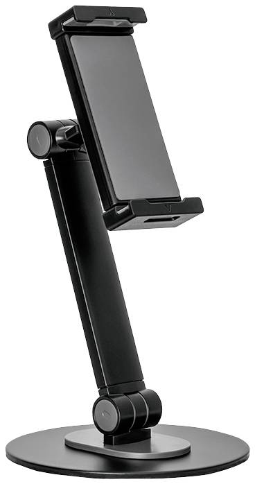 Ein schwarzer, einstellbarer Ständer für Mobiltelefone, mit einem runden Sockel und einem flexiblen Arm, der das Gerät hält.