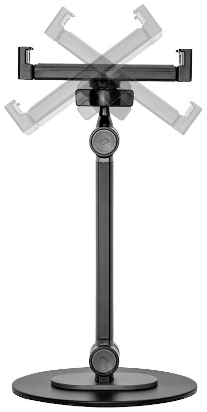 Ein verstellbarer Tablet-Ständer aus schwarzem Metall mit einem dreh- und höhenverstellbaren Arm auf einem runden Sockel.