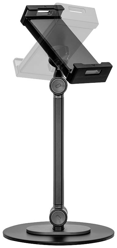 Ein Tablet-Ständer mit verstellbarem Haltearm und runder Basis, dargestellt in zwei Positionen: nach vorne und nach hinten gekippt.