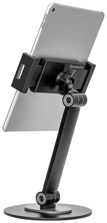 Ein Tablet steht in einer schwarzen, verstellbaren Halterung mit stabilem Standfuß, geeignet für Schreibtische oder Arbeitsflächen.