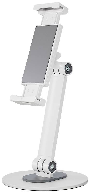 Halterung für ein Tablet oder Smartphone, mit höhenverstellbarem Arm und drehbarer Basis, ideal zum Betrachten oder Arbeiten.