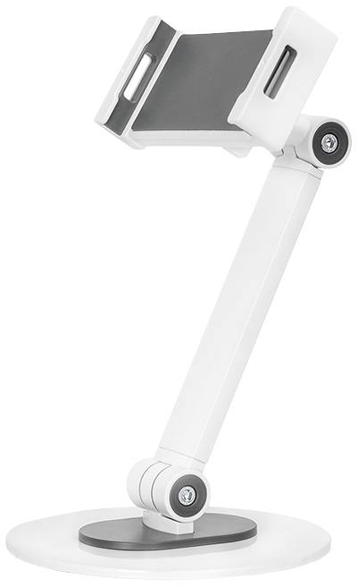 Weißer, verstellbarer Tablet-Halter mit drehbarem Arm und rutschfester Basis für stabile Positionierung auf flachen Oberflächen.