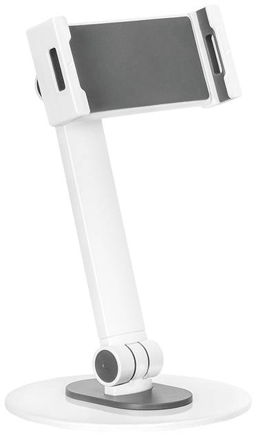 Ein weißer Tablet- oder Smartphone-Halter mit verstellbarem Arm und drehbarer Halterung auf einem runden Sockel.