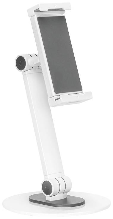 Ein weißer verstellbarer Smartphone- oder Tablet-Halter mit rundem Standfuß. Geeignet für verschiedene Betrachtungswinkel.