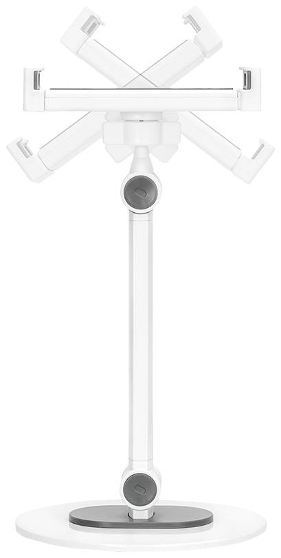 Ein verstellbarer, weißer Tablet-Ständer mit drehbarem Kopf und stabiler Basis, ideal zur flexiblen Platzierung von Tablets.