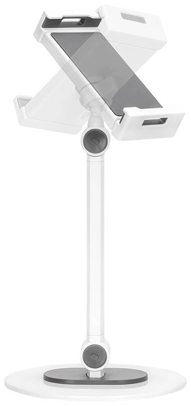 Ein weiß- und grau-farbener Tablet-Ständer mit verstellbarem Arm und drehbarer Halterung zur flexiblen Ausrichtung eines Geräts.