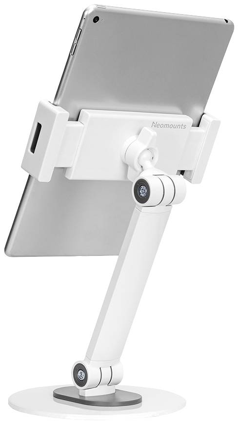 Tablet in verstellbarer Halterung an einem Schwenkarm, entwickelt für flexible Positionierung und einfache Anzeige.
