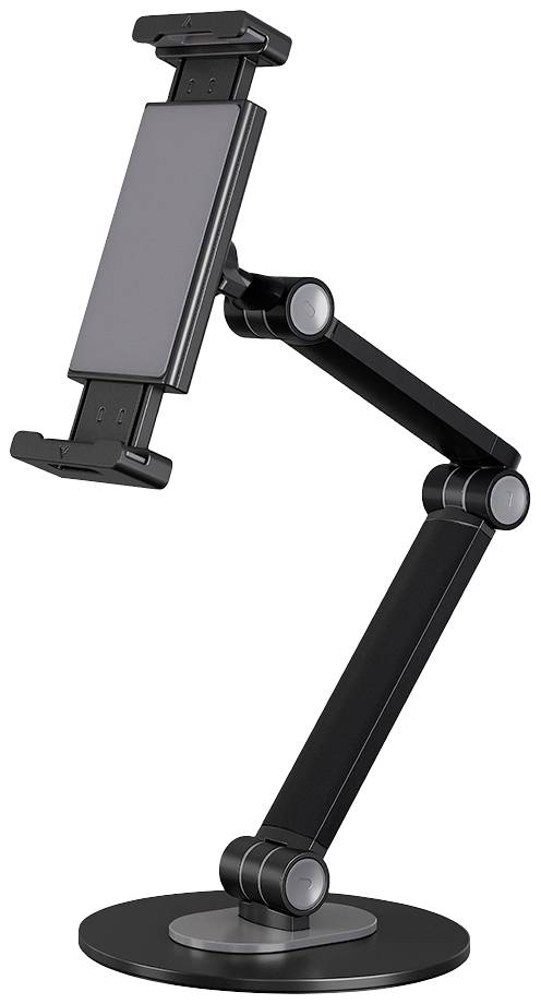 Ein schwarzer, einstellbarer Tablet-Halter mit runden Gelenken und fester Basis, zur stabilen Befestigung von Tablets in verschiedenen Winkeln.