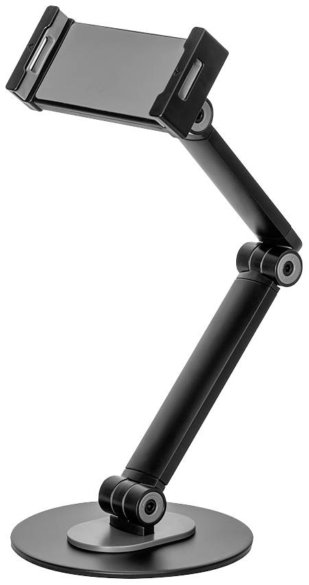 Ein schwarzer, verstellbarer Handyhalter mit stabilem Standfuß und beweglichen Gelenken, ideal zum sicheren Aufstellen eines Smartphones.