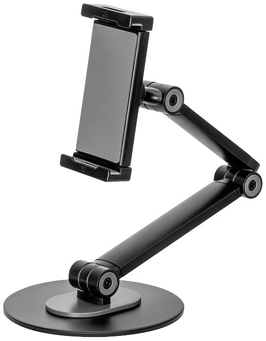 Schwarzer, verstellbarer Tischhalter für Smartphones und Tablets, ruht auf einer runden Basis und hat zwei gelenkige Arme.