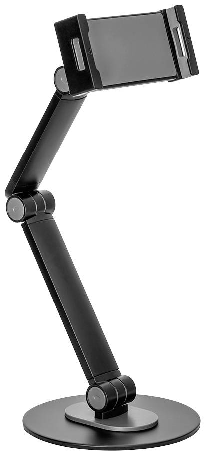 Schwarzer verstellbarer Tablet-Ständer mit mehreren Gelenken, die flexible Positionierung ermöglichen. Geeignet für den Schreibtisch.