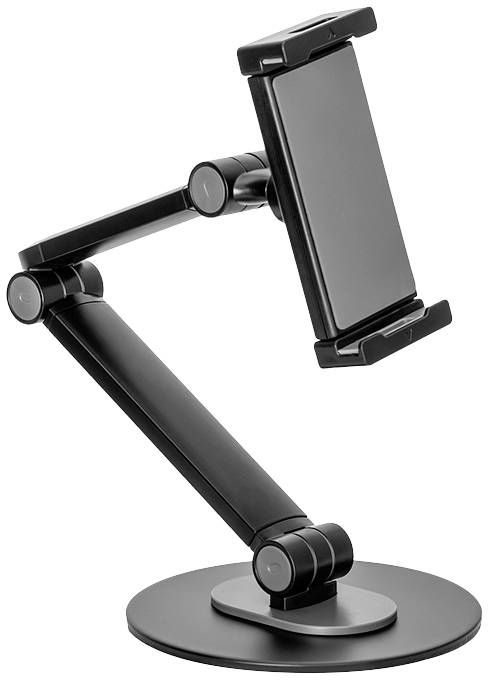 Schwarzer, verstellbarer Tablet-Halter mit stabilem Standfuß und beweglichem Arm, ideal zum Freihandschauen auf Schreibtischen.