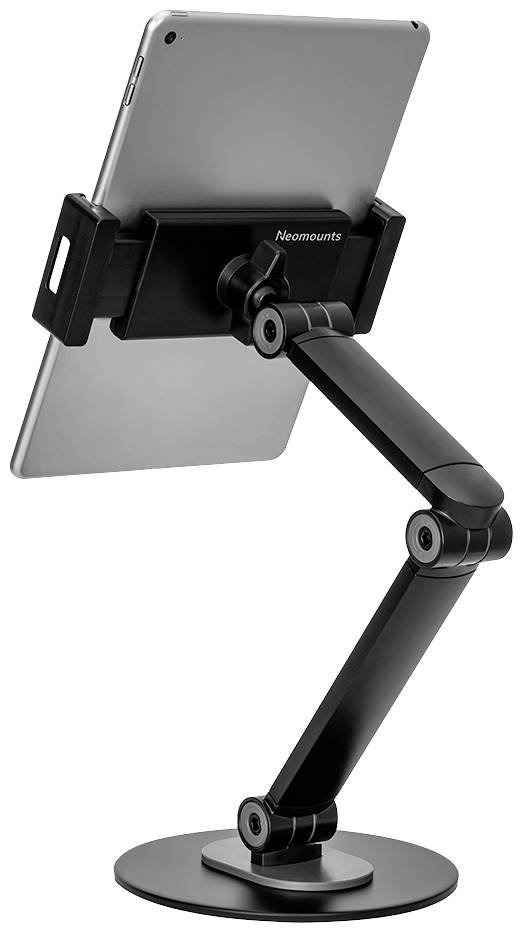 Ein Tablet in einem flexiblen, schwarzen Halter mit Arm, montiert auf einem runden Sockel. Der Arm ist verstellbar für verschiedene Winkel.