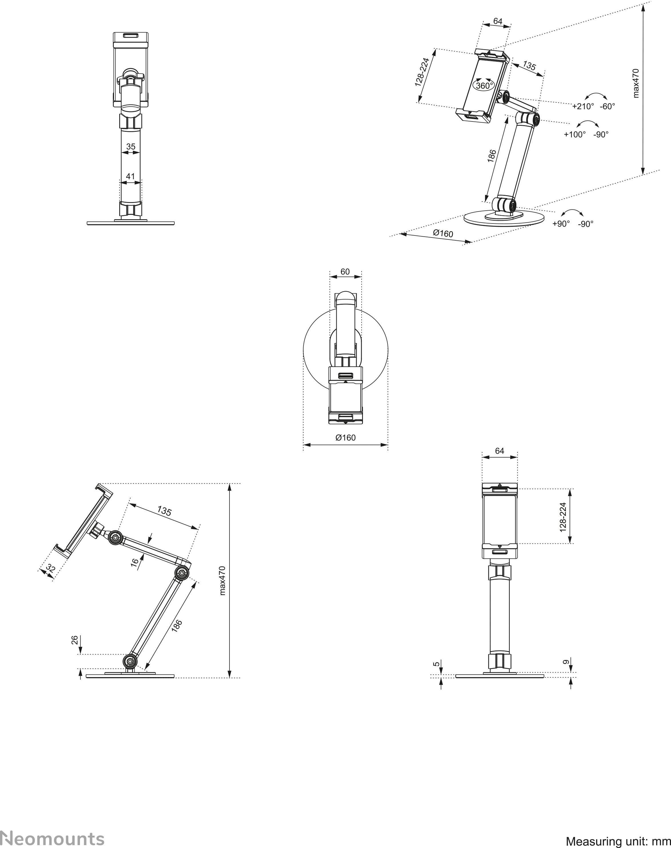 Technische Zeichnung eines Monitorarms mit Maßen in Millimetern. Zeigt verschiedene Ansichten und Einstellwinkel für Montage und Nutzung.