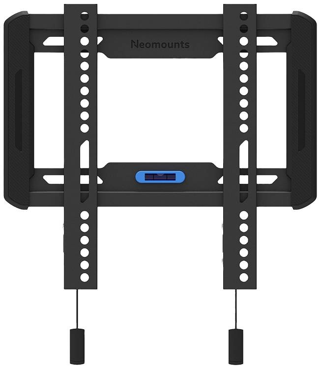 Eine schwarze TV-Halterung von Neomounts mit integrierter Wasserwaage und Zuglaschen zur einfachen Installation.