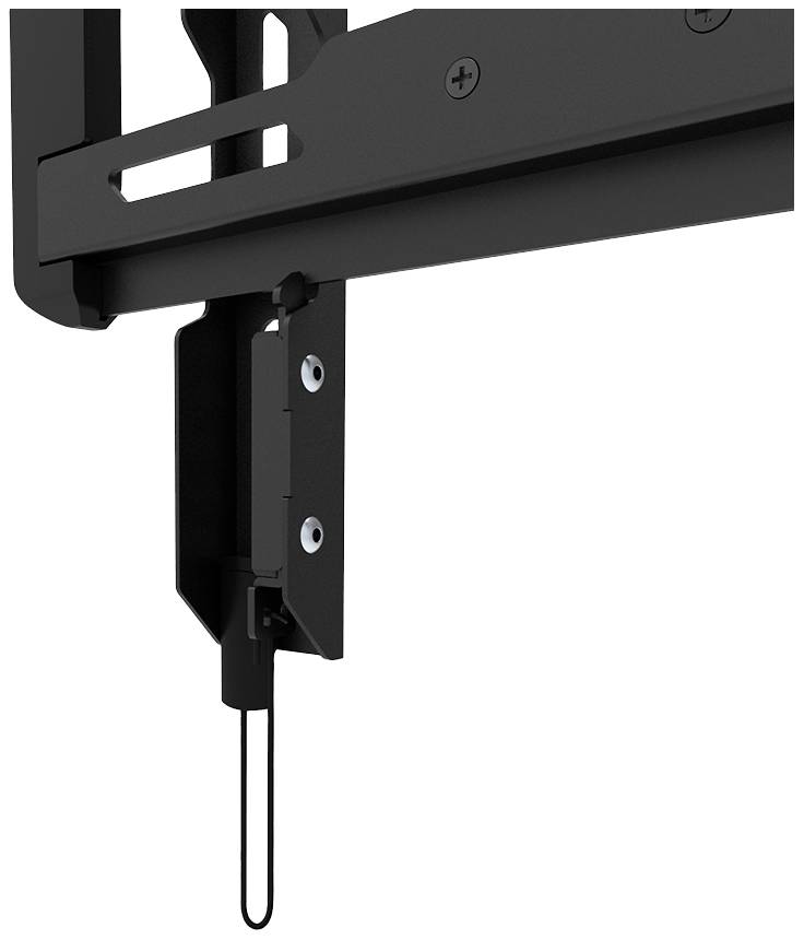 Wandhalterung mit Justierschrauben und Sicherungsseil zur Befestigung eines TV-Geräts. Schwarzes Metallgestell im Detail.
