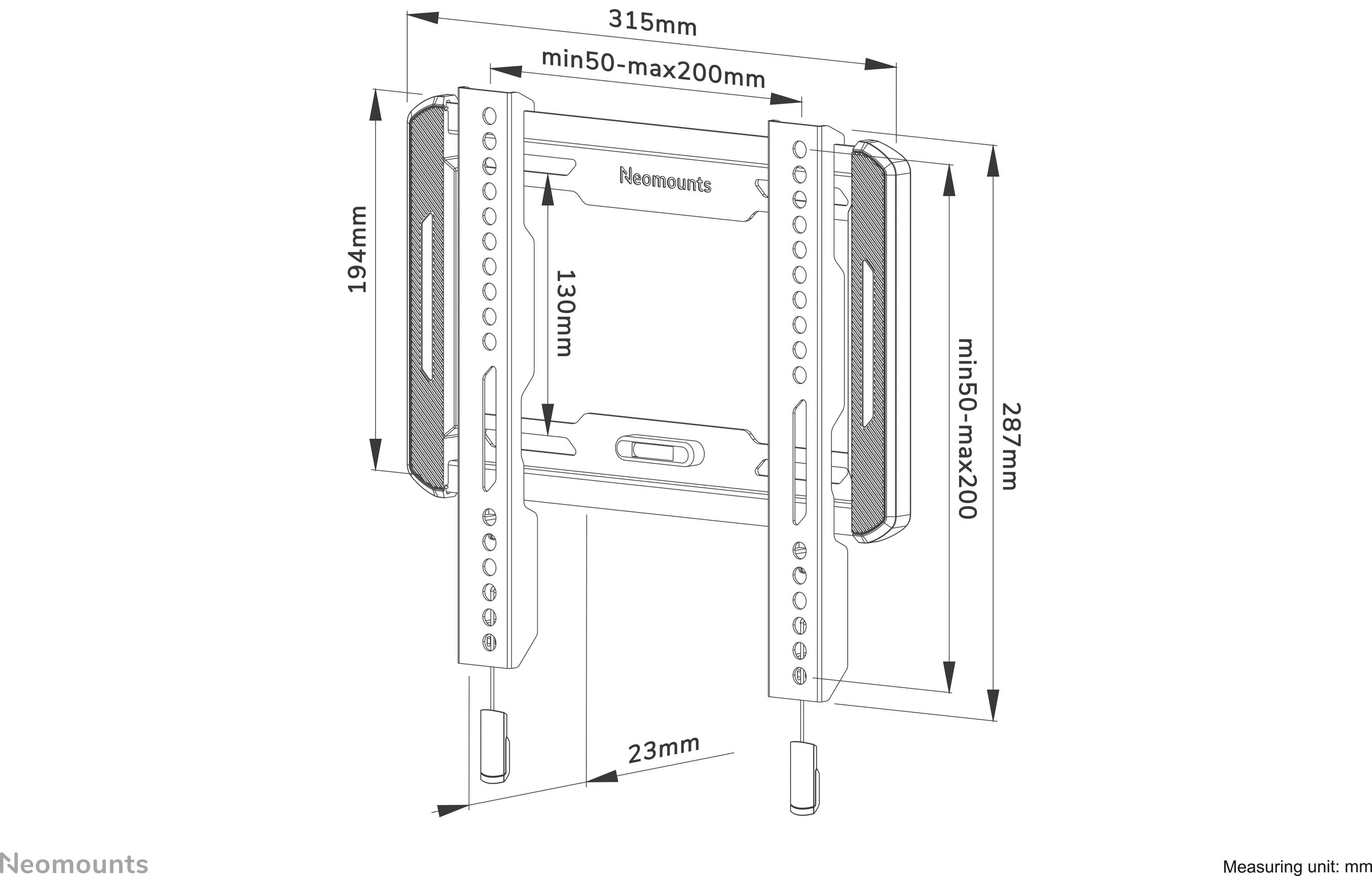 Technische Zeichnung einer Wandhalterung mit Abmessungen: Breite 315 mm, Höhe 287 mm, variabler Abstand 50-200 mm.