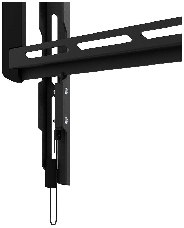 Seitenansicht einer schwarzen Metallhalterung mit Schrauben und Befestigungselementen, möglicherweise für die Wandmontage eines elektronischen Geräts geeignet.